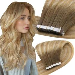 Easyouth Balayage Tape in Extensions Echthaar Blond Tape in Extensions Mittelbraune Mischung Honigblond und Platinblond Tape in Haar Extensions Echthaar 12 Zoll 30g von Easyouth