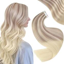 Easyouth Blond Tapes Extensions Echthaar Balayage Tape in Haarverlangerung Echthaar Tape in Extensions Aschblond Mischen Sie Mittelblond und Platinblond 22 Zoll 50g 18/22/60 von Easyouth