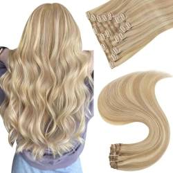 Easyouth Clip in Extensions Echthaar Blond Doppelt Tressen Clip Extensions 12 Zoll 70g Farbe Honigblond Mischung Gelbblond 7Pcs Remy Echthaar Clip in Extensions von Easyouth