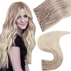 Easyouth Clip on Extension Echthaar Balayage Echthaar Clip Extensions Farbe Platinblond Mit Mittelblond und Aschblond Echthaar 22 Zoll 120g Remy Haarverlangerung Echthaar Clips #18/22/60 von Easyouth