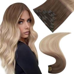 Easyouth Clip on Extension Echthaar Remy Haarextension Echthaar Clips 16 Zoll 100g 7Pcs Farbe Ash Brown Mix Platin Blonde und Ash Blonde Extensions Clip in Echthaar #8/60/18 von Easyouth