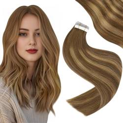 Easyouth Echthaar Tape on Extensions Balayage Tape in Extensions Echthaar Mittelbraun Mix Honigblond und Mittelbraun Tape in Haarverlangerung Remy Echthaar 20 Zoll 50g #4/27/4 von Easyouth