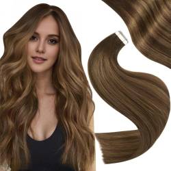 Easyouth Echthaar Tape on Extensions Glue in Haar Extensions Echthaar Farbe Dunkelstes Braun Aschbraun und Dunkelstes Braun Mischen 20 Zoll 50g Seamless Tape Haar Extensions Echthaar #2/8/2 von Easyouth