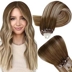 Easyouth Microring Extensions Echthaar Balayage Micro Ring Extension Mittelbraun Mix Platin Blond und Mittelbraun Microring Echthaar Extensions Remy Cold Fusion 14 Zoll 50g #6/60/6 von Easyouth