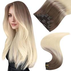 Easyouth Ombre Clip Extensions Echthaar Blond Clip in Haar Extensions Ash Brown Mix Platinblond 22 Zoll 100g 7Pcs Clip in Echthaar Extensions Remy Glatt #8/60 von Easyouth