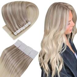 Easyouth Remy Echthaar Tape Extensions Adhesive on Haar Farbe Ash Blonde Mix Mittelblond und Platinblond 30g 12 Zoll Tape in Skin Weft Extension Echthaar #18/22/60 von Easyouth