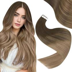 Easyouth Tape in Extension Echthaar Balayage Adhesive on Haar 14 Zoll 40g Farbe Darkest Brown Mix Mittelbraun und Aschblond Tape in Echthaar Balayage #2/6/18 von Easyouth