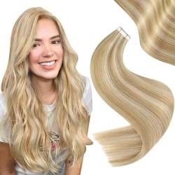 Easyouth Tape in Extension Echthaar Remy Extension Tape Echthaar Farbe Honigblondes Highlight mit Hellblond 14 Zoll 40g Glue on Haar Extensions Echthaar #27P613 von Easyouth