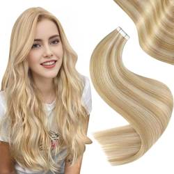 Easyouth Tape in Extension Echthaar Remy Extension Tape Echthaar Farbe Honigblondes Highlight mit Hellblond 18 Zoll 40g Glue on Haar Extensions Echthaar #27P613 von Easyouth