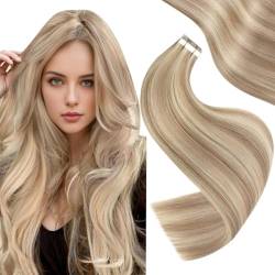 Easyouth Tape in Extensions Echthaar Remy Tape on Extensions Blond Highligthed Tape in Echthaar Extensions Aschblondes Highlight mit Hellblond 16 Zoll 40g 20Stück 18/613 von Easyouth