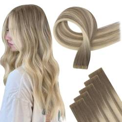 Easyouth Virgin Tape Extensions Echthaar Blond Balayage Tape in Haarverlangerung Remy Virgin Tape in Haar Extensions Aschbraun Highlighted Aschblon 8/8/613 20zoll 12.5g 5pcs von Easyouth