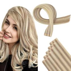 Easyouth Virgin Tape in Extensions Echthaar Blond Tape in Haar Extensions Remy Virgin Tape in Echthaar Exztensions Golden Blonde Mix Mittelblond 16/22 20zoll 12.5g 5pcs von Easyouth