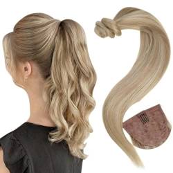 Easyouth Zopf Extensions Echthaar Pferdeschwanz Extensions Echthaar Farbe Golden Blonde Mix Mittelblond 12 Zoll 70g Clip in Zopf Extensions Ponytail #16P22 von Easyouth