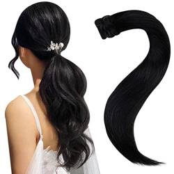 Easyouth Zopf Haarverlangerung Echthaar Clip in Ponytail Echthaar 20 Zoll Farbe Natürliches Schwarz 80g Zopf Haarverlängerung Glatt Haar #1 von Easyouth