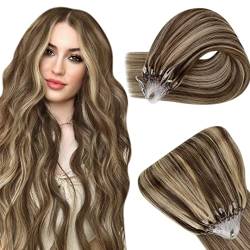 Extensions Echthaar Microring Braun Haarverlangerung Micro Loop in Echthaat Mittelbraun Mix Honigblond Micro Extensions Echthaar 16 Zoll 50g #4P27 von Easyouth