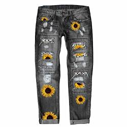 Eauptffy 2023 Damen Skinny Jeanshosen Hohe Taille Slim Fit Damenjeans Damen-Jeans Mit Ausgefransten Sonnenblumen-Leopardenmustern Und Zerrissener Mittlerer Taille Jeanshosen 40 von Eauptffy