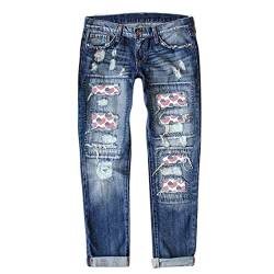 Eauptffy Bedruckte Jeans Damen High Waist Pants Jeans Independence Day Print Zerrissene Hose Jeanshosen Stretch Damen Capri Jeans Hose Damen Sommerhose von Eauptffy