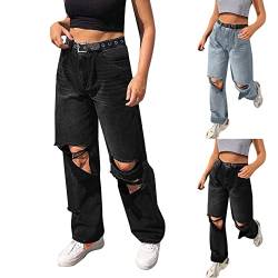 Eauptffy Jeanshosen für Teenager Mädchen Mode High Waist Asymmetrische Loch Jeans Casual Baggy Gerade Jeanshose Stretch Denim Pants Bootcut Jeans Bund Gerissen Lange Hose Freizeithose Streetwear von Eauptffy