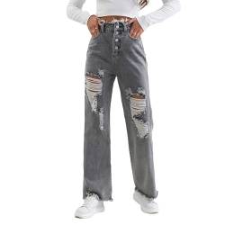 Eauptffy Jeanshosen für Teenager Mädchen Mode High Waist Asymmetrische Loch Jeans Casual Baggy Gerade Jeanshose Stretch Denim Pants Bootcut Jeans Bund Gerissen Lange Hose von Eauptffy