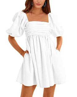 Ebifin Damen Kleid mit quadratischem Ausschnitt, Puffärmeln, A-Linie, rückenfrei, gesmokt, kurz, schulterfrei, 1-weiß, Mittel von Ebifin