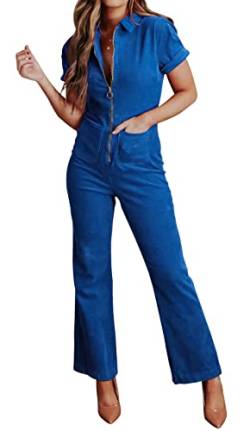 Ebifin Damen Kurzarm Cord Jumpsuits Reißverschluss Gerade Beine Lange Hosen Strampler, Blau, Large von Ebifin