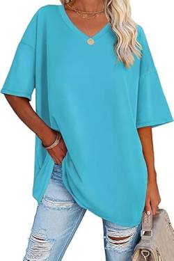 Ebifin Damen Oversize T Shirt mit V-Ausschnitt Kurzärmeliges Casual Lockere Basic Sommer Tee Shirts Bluse.Azurblau.S von Ebifin