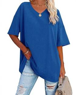 Ebifin Damen Oversize T Shirt mit V-Ausschnitt Kurzärmeliges Casual Lockere Basic Sommer Tee Shirts Bluse.Blau.L von Ebifin