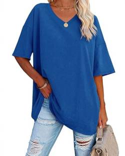 Ebifin Damen Oversize T Shirt mit V-Ausschnitt Kurzärmeliges Casual Lockere Basic Sommer Tee Shirts Bluse.Blau.S von Ebifin