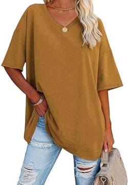 Ebifin Damen Oversize T Shirt mit V-Ausschnitt Kurzärmeliges Casual Lockere Basic Sommer Tee Shirts Bluse.Braun.L von Ebifin