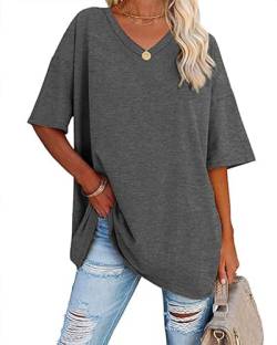 Ebifin Damen Oversize T Shirt mit V-Ausschnitt Kurzärmeliges Casual Lockere Basic Sommer Tee Shirts Bluse.Dunkelgrau.M von Ebifin