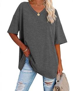 Ebifin Damen Oversize T Shirt mit V-Ausschnitt Kurzärmeliges Casual Lockere Basic Sommer Tee Shirts Bluse.Dunkelgrau.S von Ebifin