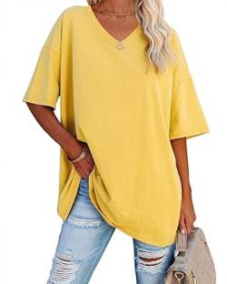 Ebifin Damen Oversize T Shirt mit V-Ausschnitt Kurzärmeliges Casual Lockere Basic Sommer Tee Shirts Bluse.Gelb.S von Ebifin