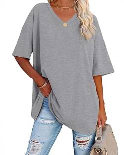 Ebifin Damen Oversize T Shirt mit V-Ausschnitt Kurzärmeliges Casual Lockere Basic Sommer Tee Shirts Bluse.Hellgrau.L von Ebifin