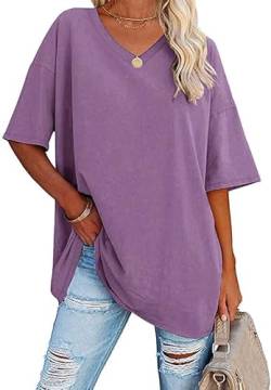Ebifin Damen Oversize T Shirt mit V-Ausschnitt Kurzärmeliges Casual Lockere Basic Sommer Tee Shirts Bluse.Lila.M von Ebifin