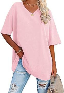 Ebifin Damen Oversize T Shirt mit V-Ausschnitt Kurzärmeliges Casual Lockere Basic Sommer Tee Shirts Bluse.Rosa.XL von Ebifin