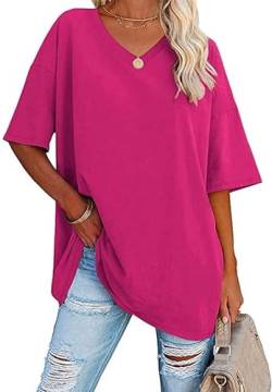 Ebifin Damen Oversize T Shirt mit V-Ausschnitt Kurzärmeliges Casual Lockere Basic Sommer Tee Shirts Bluse.Rosenrot.XXL von Ebifin