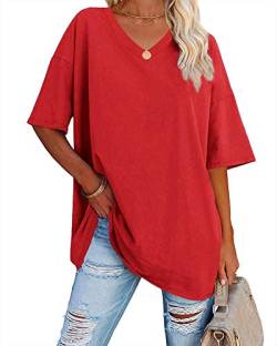 Ebifin Damen Oversize T Shirt mit V-Ausschnitt Kurzärmeliges Casual Lockere Basic Sommer Tee Shirts Bluse.Rot.S von Ebifin