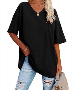 Ebifin Damen Oversize T Shirt mit V-Ausschnitt Kurzärmeliges Casual Lockere Basic Sommer Tee Shirts Bluse.Schwarz.XXL von Ebifin