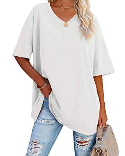 Ebifin Damen Oversize T Shirt mit V-Ausschnitt Kurzärmeliges Casual Lockere Basic Sommer Tee Shirts Bluse.Weiß.L von Ebifin