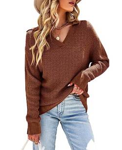 Ebifin Damen Pullover mit V Ausschnitt Langarmshirt Knitted Basic Stretch Sweater Oberteile Strickpullover Sweatshirt.Braun.S von Ebifin