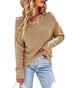 Ebifin Damen Pullover mit V Ausschnitt Langarmshirt Knitted Basic Stretch Sweater Oberteile Strickpullover Sweatshirt.Khaki.M von Ebifin