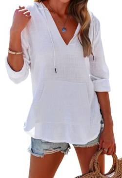 Ebifin Damen Strand Cover Up Shirt Langarm V Ausschnitt Taschen Kapuzenoberteil, Weiß, Medium von Ebifin