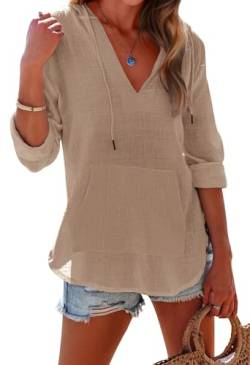 Ebifin Damen Strand Cover Up Shirt Langarm V Ausschnitt Taschen Kapuzenoberteil, khaki, Medium von Ebifin