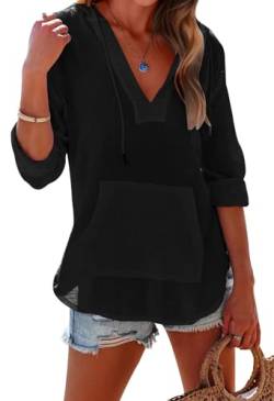 Ebifin Damen Strand Cover Up Shirt Langarm V Ausschnitt Taschen Kapuzenoberteil, schwarz, Large von Ebifin