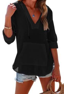 Ebifin Damen Strand Cover Up Shirt Langarm V Ausschnitt Taschen Kapuzenoberteil, schwarz, Medium von Ebifin