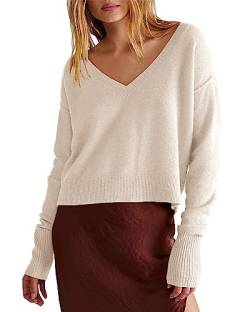 Ebifin Damen Strickpullover mit V-Ausschnitt Langärmeliger Cropped Pullover Knitted Stretch Sweater Winter.Khaki.L von Ebifin