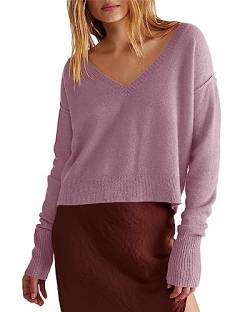 Ebifin Damen Strickpullover mit V-Ausschnitt Langärmeliger Cropped Pullover Knitted Stretch Sweater Winter.Lila.L von Ebifin