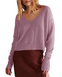 Ebifin Damen Strickpullover mit V-Ausschnitt Langärmeliger Cropped Pullover Knitted Stretch Sweater Winter.Lila.XXL von Ebifin