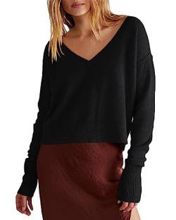 Ebifin Damen Strickpullover mit V-Ausschnitt Langärmeliger Cropped Pullover Knitted Stretch Sweater Winter.Schwarz.L von Ebifin