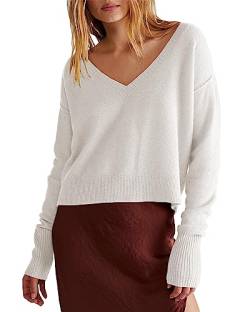 Ebifin Damen Strickpullover mit V-Ausschnitt Langärmeliger Cropped Pullover Knitted Stretch Sweater Winter.Weiß.L von Ebifin